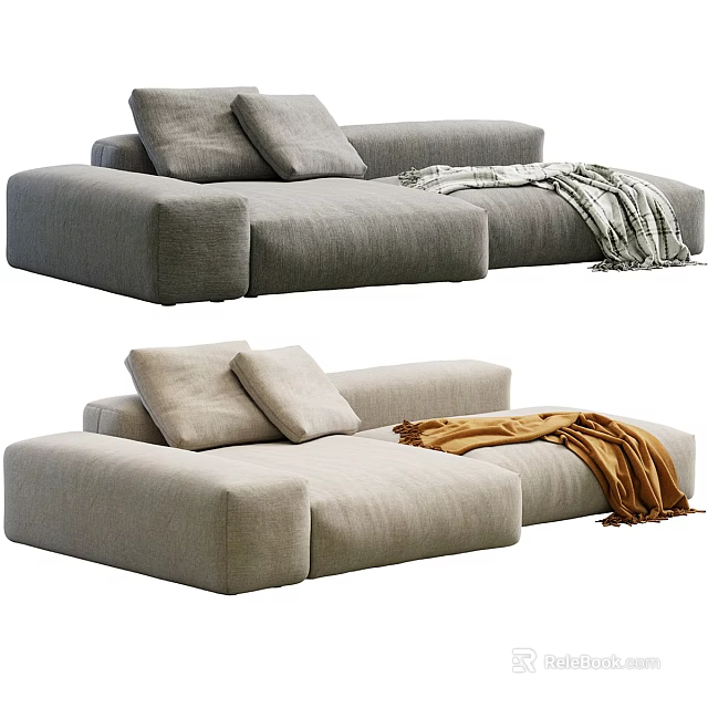 Modern Gray And Beige Sofa Set With Plush Pillows And Soft Throw Blanket 3d model 
