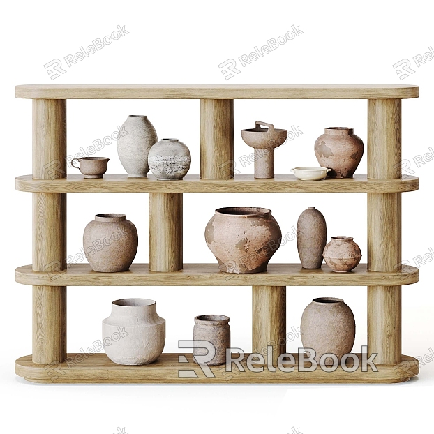 Pottery Pot Utensils Combination Ornaments Pottery Pot Vase Utensils Decorative Rack Solid Wooden Rack model