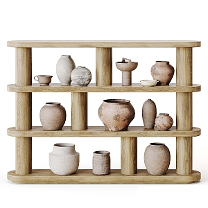 Pottery Pot Utensils Combination Ornaments Pottery Pot Vase Utensils Decorative Rack Solid Wooden Rack 3d model