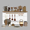 Stylish Kitchen Utensils On Wooden Shelf With Hanging Spoons And White Tiled Wall