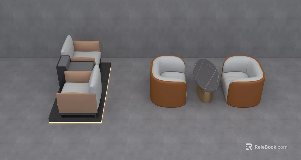 Modern Gray Wall Interior With Beige White Sofas And Marble Coffee Table 3d model