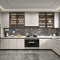 Modern Kitchen Interior With White Cabinets Dark Countertop Built-in Appliances Strip Lighting And Blinds