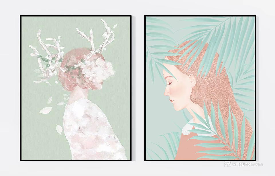 Portrait Paintings of Two Female Figures with Floral Headpiece Palm Leaves and Pastel Green Background 3d model 