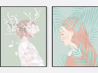 Portrait Paintings of Two Female Figures with Floral Headpiece Palm Leaves and Pastel Green Background 3d model
