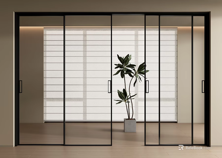 Modern Black Frame Glass Sliding Doors In Bright Interior With Indoor Plant And Wooden Floor 3d model 