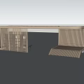 Modern Curved Wooden Pergola With Striped Structure And Outdoor Rest Seating