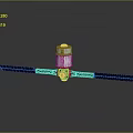Teal Striped Mechanical Device With Silver Central Part And Yellow Components On Reflective Surface