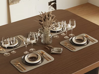 Modern Dinnerware Set With Plates Cutlery Glasses On Dining Table 3d model