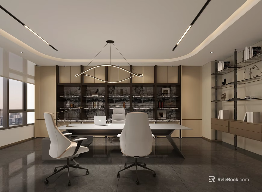 Modern Office Interior With Desk White Chairs Wooden Bookshelves Hanging Lights And Large Windows 3d model 