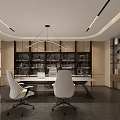 Modern Office Interior With Desk White Chairs Wooden Bookshelves Hanging Lights And Large Windows