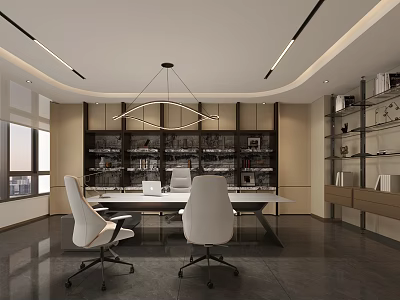 Modern Office Interior With Desk White Chairs Wooden Bookshelves Hanging Lights And Large Windows 3d model