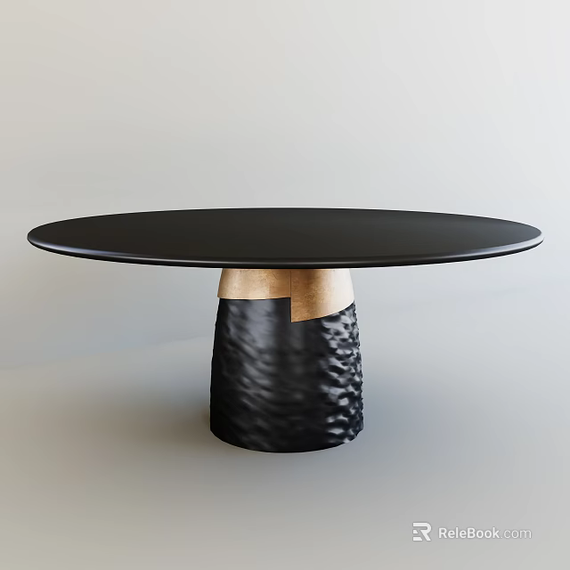 Round Dining Table With Black Smooth Surface And Textured Black Base With Gold Accent 3d model