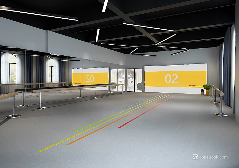 Fitness Training Gym Area With Yellow Walls Railings And Colored Floor Lines 3d model 