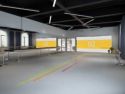 Fitness Training Gym Area With Yellow Walls Railings And Colored Floor Lines 3d model