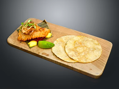 Fried Fish Served On Wooden Board With Fresh Vegetables And Flatbreads 3d model