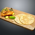 Fried Fish Served On Wooden Board With Fresh Vegetables And Flatbreads