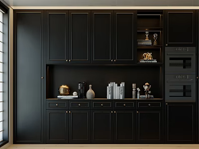 Modern Black Sideboard With Cabinets Drawers Open Shelves And Decorative Items 3d model