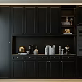 Modern Black Sideboard With Cabinets Drawers Open Shelves And Decorative Items