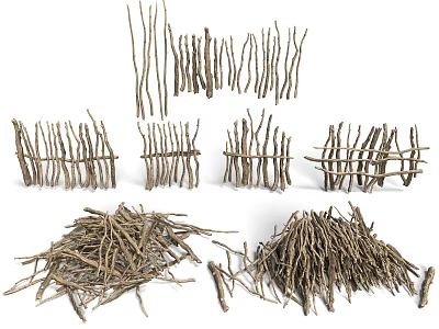 Rustic Stone and Wood Craft Structures With Twigs Piles And Wooden Fences 3d model