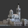 European Style Architectural Model With Bell Tower Dome And Stone Walls