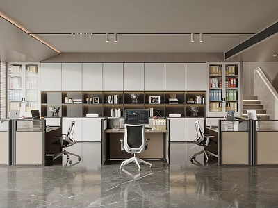 Modern Office Interior Design With Open Layout Multiple Workstations Bookshelves And Marble Floor 3d model