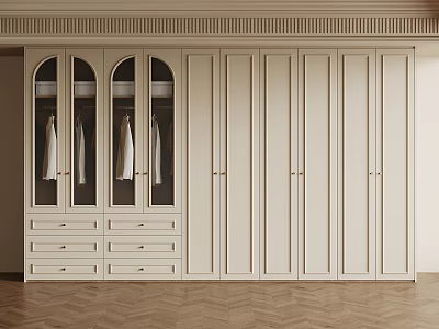 Modern Beige Wardrobe Interior With Glass Door Display Cabinets Drawers And Multiple Doors 3d model