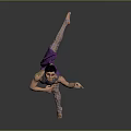 Woman Performing Ballet Dance With Purple Skirt Leaning Forward On Gray Background