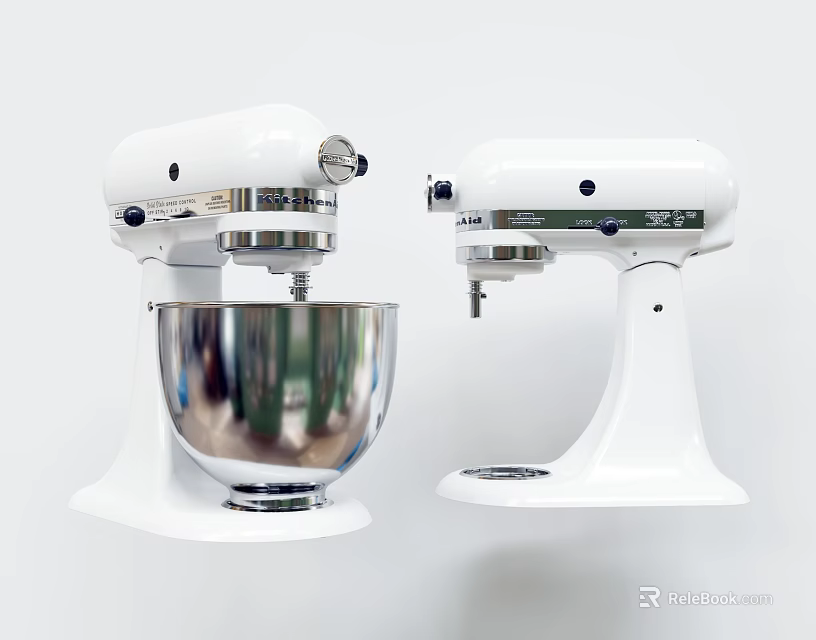 Classic White Stand Mixers As Essential Kitchen Appliances With Metal Bowls 3d model 