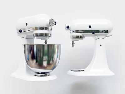 Classic White Stand Mixers As Essential Kitchen Appliances With Metal Bowls 3d model