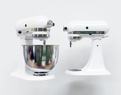 Classic White Stand Mixers As Essential Kitchen Appliances With Metal Bowls 3d model