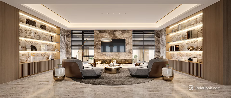 Modern Living Room Interior With Marble Feature Wall TV Comfortable Sofas And Coffee Table 3d model 