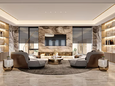 Modern Living Room Interior With Marble Feature Wall TV Comfortable Sofas And Coffee Table 3d model