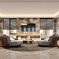 Modern Living Room Interior With Marble Feature Wall TV Comfortable Sofas And Coffee Table