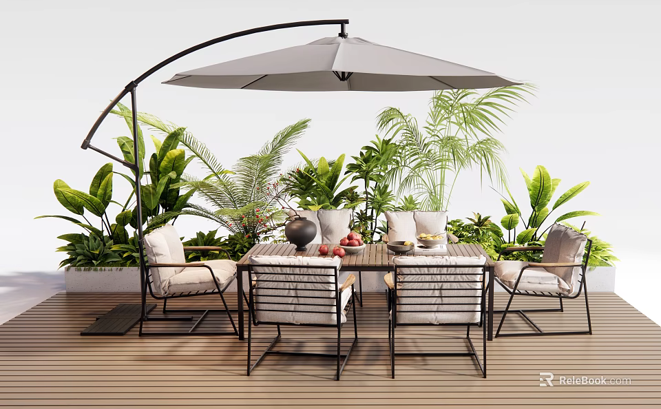 Modern Outdoor Patio Table And Chairs Set With Curved Umbrella Green Plants And Wooden Deck 3d model 