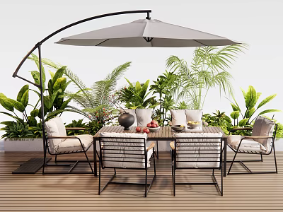 Modern Outdoor Patio Table And Chairs Set With Curved Umbrella Green Plants And Wooden Deck 3d model