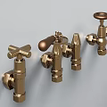 Three Vintage Gold Faucets With Different Handle Styles On Grey Wall 3d model
