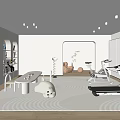 Modern Open Entertainment Room With White Furniture Fitness Equipment Stuffed Polar Bear Bookshelf And Rug