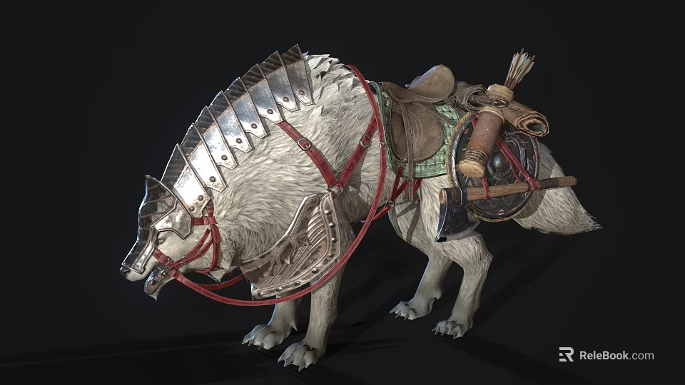 Armored Wolf With Metallic Armor Saddle Red Ropes And Leather Pouches 3d model 