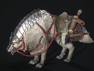 Armored Wolf With Metallic Armor Saddle Red Ropes And Leather Pouches 3d model