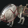Armored Wolf With Metallic Armor Saddle Red Ropes And Leather Pouches