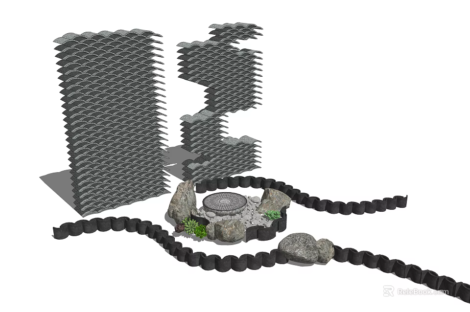 Scenic Wall With Layered Wavy Structure Stone Ornaments Small Green Plants And Circular Path 3d model 