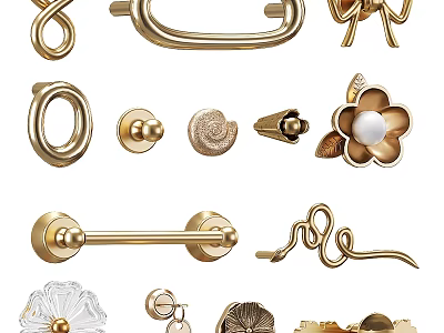 Golden Decorative Furniture Hardware With Various Handles Knobs And Flower Shaped Designs 3d model