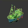 Colorful Small Boat DORY With Blue Hull Yellow Green Flag Lifebuoy And Orange Buoys