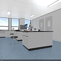 Modern Laboratory With White Walls Large Windows Workbench Computer Blue Flooring And Cabinets 3d model
