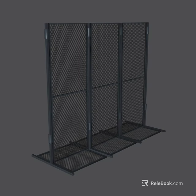 Black Metal Mesh Architectural Partition Screen With Multiple Panels And Floor Stand 3d model