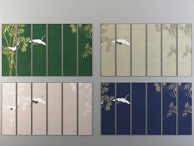 Decorative Room Dividers With Crane Bamboo Patterns In Green Beige Blue Colors 3d model