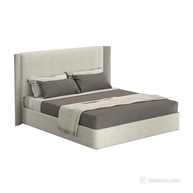 Stylish Double Bed With Upholstered Light Gray Headboard Dark Gray Sheets And Throw Blanket 3d model
