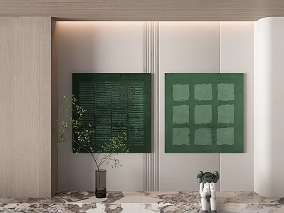 Modern Interior With Green Square Artworks Decorative Plants And Ornamental Items 3d model