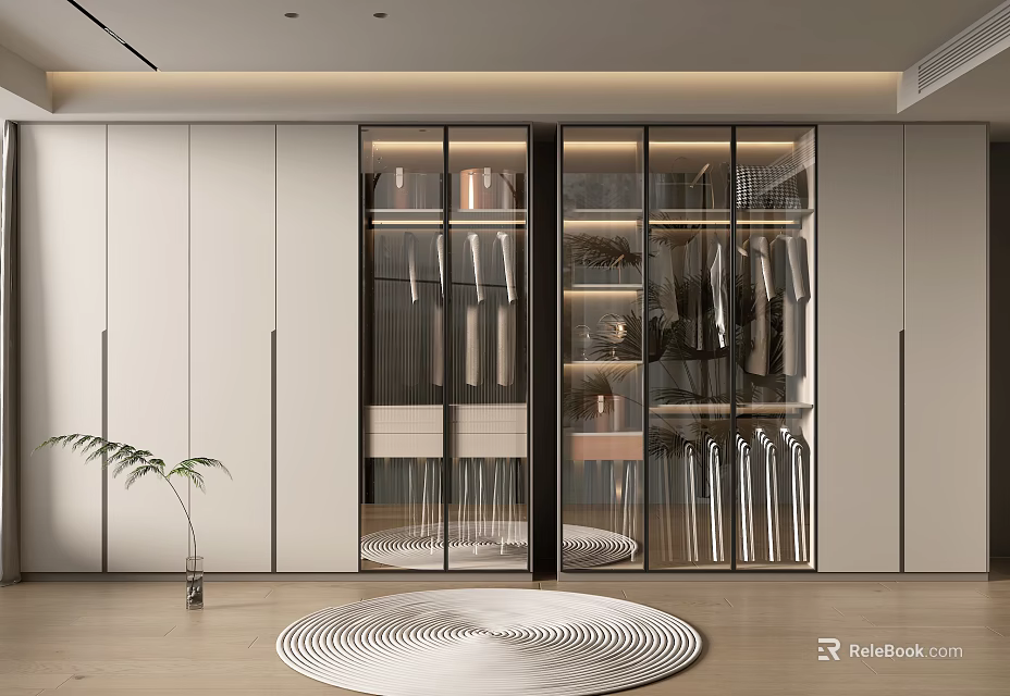 Modern Walk in Closet Interior With Glass Doors Hanging Clothes And Built in Lighting 3d model 