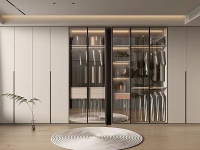 Modern Walk in Closet Interior With Glass Doors Hanging Clothes And Built in Lighting 3d model